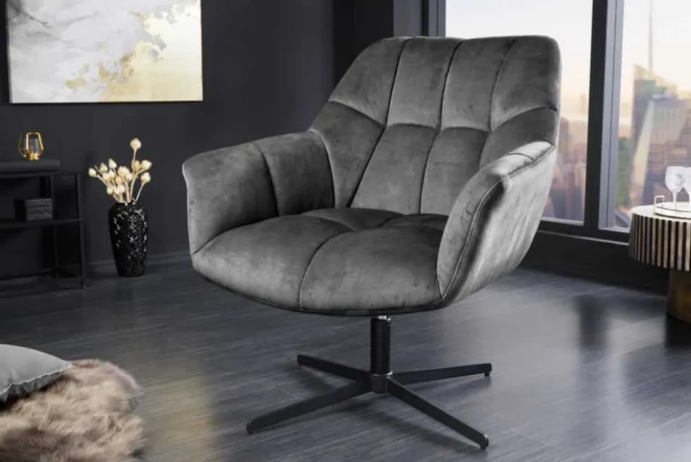 Drehbarer Sessel PAPILLON grau Samt schwarz Metall höhenverstellbar mit Armlehne