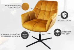 Drehbarer Sessel PAPILLON senfgelb Samt schwarz Metall höhenverstellbar mit Armlehne