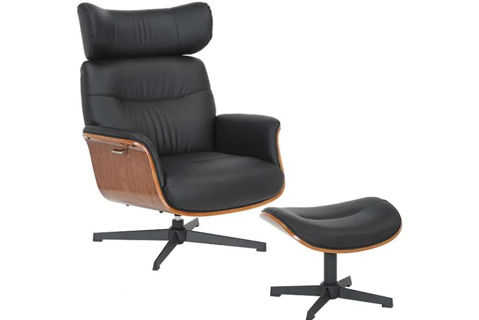 Drehbarer Sessel VOGUE COMFORT schwarz Kunstleder braun Walnuss-Design mit Armlehne