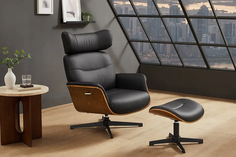 Drehbarer Sessel VOGUE COMFORT schwarz Kunstleder braun Walnuss-Design mit Armlehne