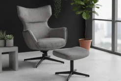 Drehbarer Sessel VOGUE grau Samt schwarze Metallbeine mit Armlehne
