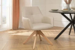Drehbarer Stuhl ALMARA beige sand Echtleder 360° Taschenfederkern natur Eiche Massivholz