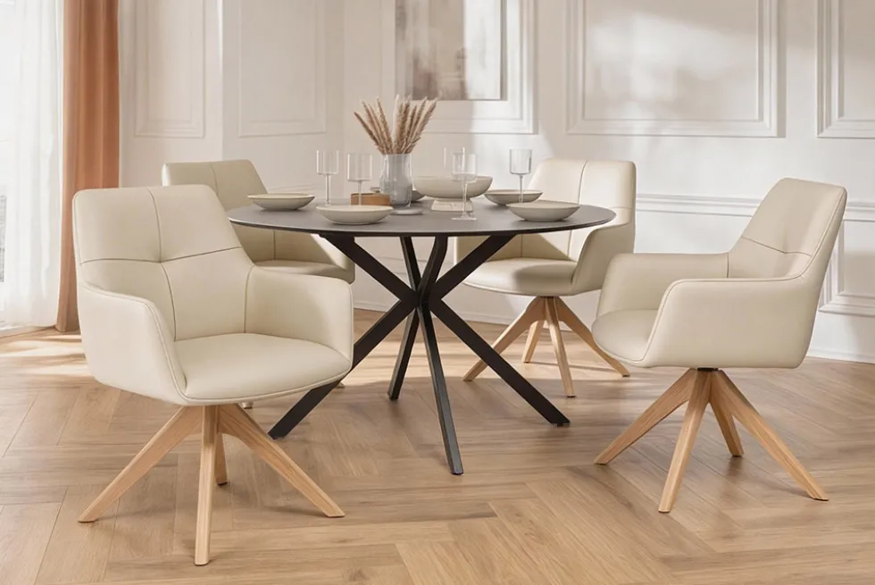 Drehbarer Stuhl ALMARA beige sand Echtleder 360° Taschenfederkern natur Eiche Massivholz