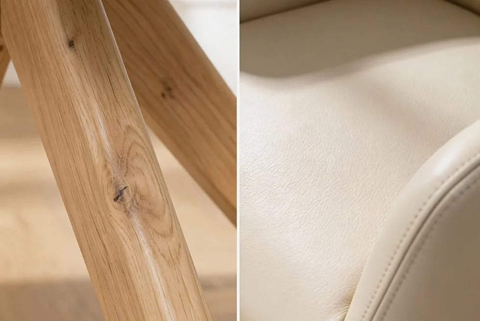 Drehbarer Stuhl ALMARA beige sand Echtleder 360° Taschenfederkern natur Eiche Massivholz