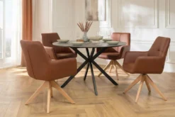 Drehbarer Stuhl ALMARA cognac braun Echtleder 360° Taschenfederkern Eiche Massivholz
