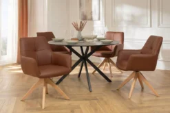 Drehbarer Stuhl ALMARA cognac braun Echtleder 360° Taschenfederkern Eiche Massivholz