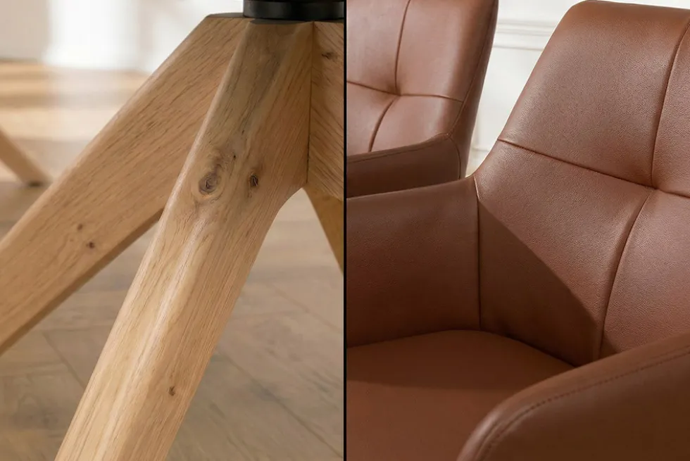 Drehbarer Stuhl ALMARA cognac braun Echtleder 360° Taschenfederkern Eiche Massivholz