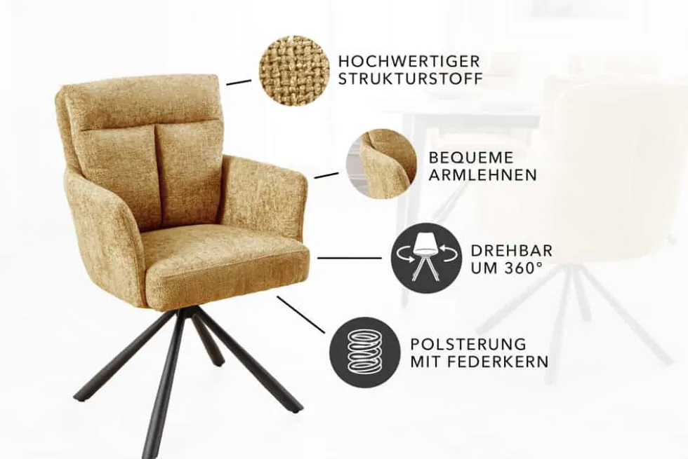 Drehbarer Stuhl BIG GEORGE senfgelb Strukturstoff Taschenfederkern mit Armlehne Metall
