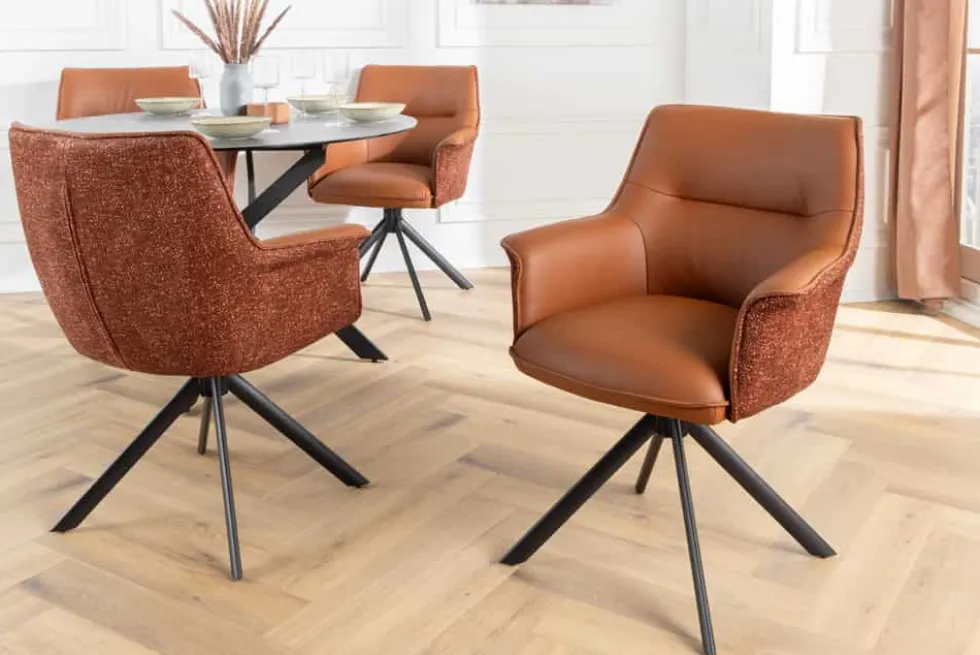 Drehbarer Stuhl LE GRAND cognac Echtleder Strukturstoff schwarzes Metallgestell
