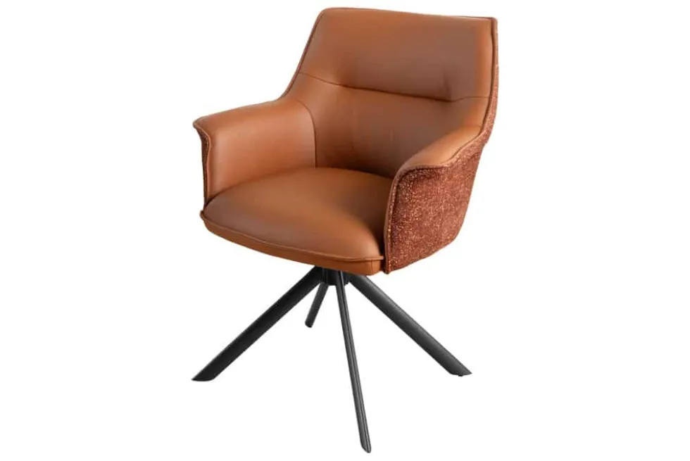 Drehbarer Stuhl LE GRAND cognac Echtleder Strukturstoff schwarzes Metallgestell