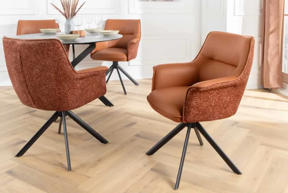 Drehbarer Stuhl LE GRAND cognac Echtleder Strukturstoff schwarzes Metallgestell