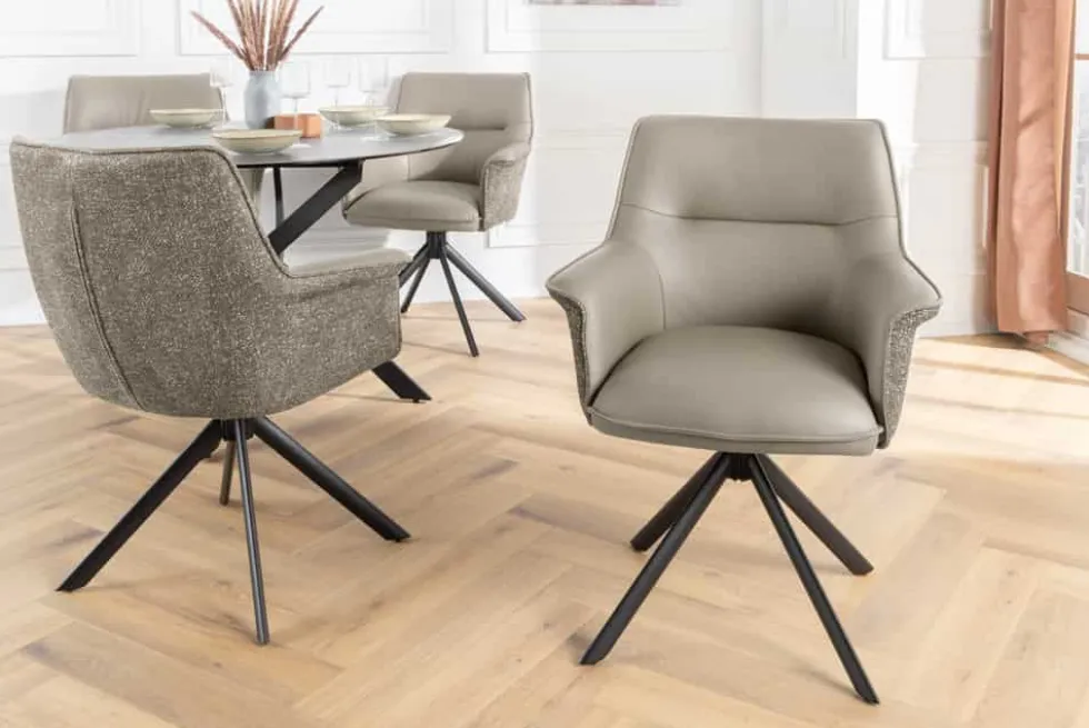 Drehbarer Stuhl LE GRAND taupe Echtleder Strukturstoff schwarzes Metallgestell