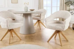 Drehbarer Stuhl ORGANIKO beige Chenillestoff Holzgestell Eiche mit Armlehne