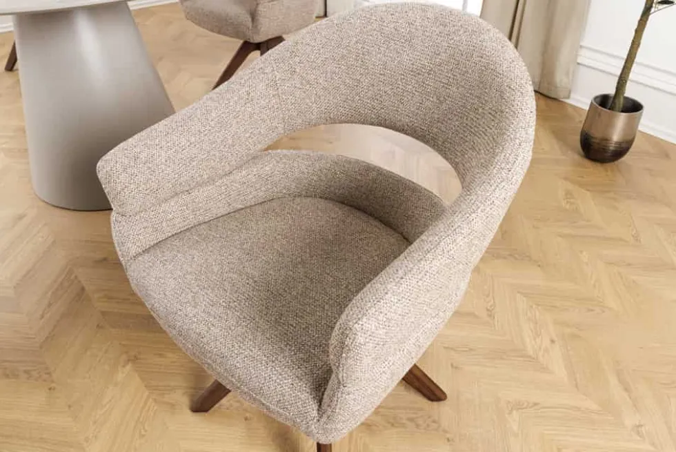 Drehbarer Stuhl ORGANIKO taupe beige Strukturstoff Holzgestell Walnuss mit Armlehne