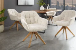 Drehbarer Stuhl PAPILLON champagner beige Chenille Cremona Eiche Massivholz