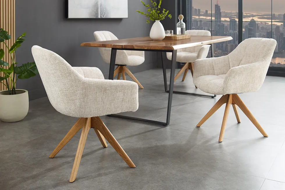 Drehbarer Stuhl PAPILLON champagner beige Chenille Cremona Eiche Massivholz