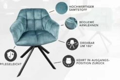 Drehbarer Stuhl PAPILLON petrol Samt schwarze Metallbeine Armlehnen