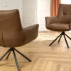 Drehbarer Stuhl SIGNATURE cognac braun Echtleder 360° Taschenfederkern schwarz Metall