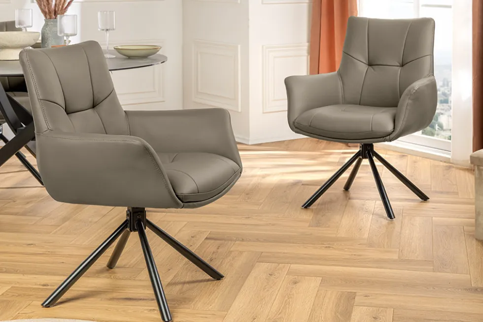 Drehbarer Stuhl SIGNATURE taupe Echtleder 360° mit Taschenfederkern schwarz Metall