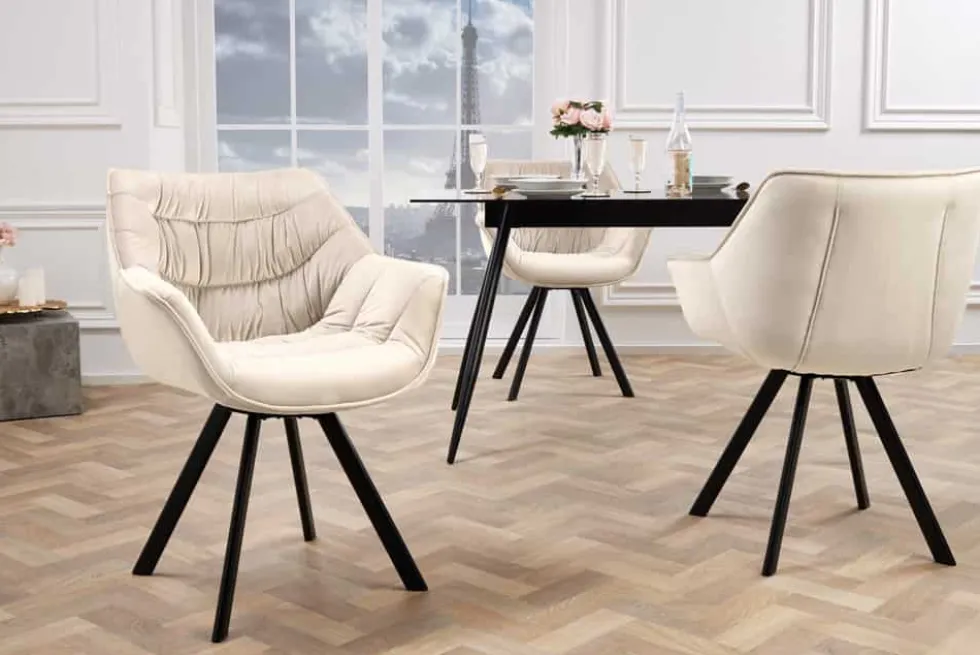 Drehbarer Stuhl THE DUTCH COMFORT champagner beige Samt schwarze Metallbeine