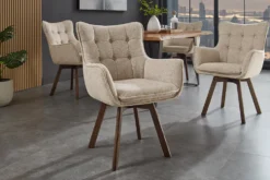 Drehbarer Stuhl THOR beige Strukturstoff braun Wenge Eichenholz 360° mit Armlehne