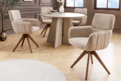 Drehbarer Stuhl UNIQUE taupe beige Strukturstoff Walnussholzbeine mit Armlehne