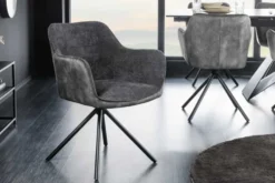 Drehbarer Stuhl VERONA dunkelgrau Samt Strukturstoff mit Armlehne Metallbeine schwarz