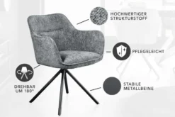Drehbarer Stuhl VERONA grau Strukturstoff mit Armlehne Metallbeine schwarz