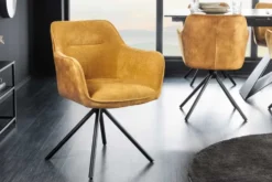 Drehbarer Stuhl VERONA senfgelb Samt Strukturstoff mit Armlehne Metallbeine schwarz