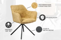 Drehbarer Stuhl VERONA senfgelb Strukturstoff mit Armlehne Metallbeine schwarz