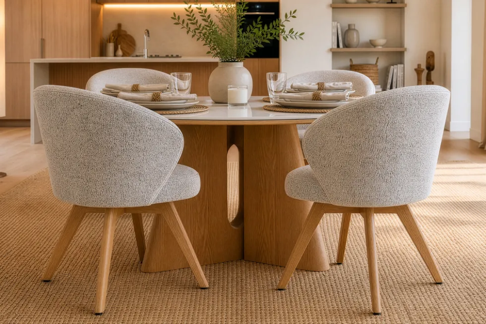 Drehbarer Stuhl WALKÜRE beige natur Eichenholz mit Taschenfederkern und Armlehne