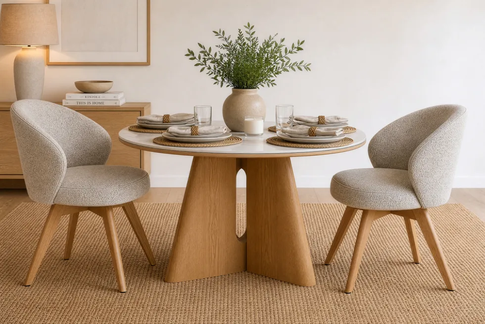 Drehbarer Stuhl WALKÜRE beige natur Eichenholz mit Taschenfederkern und Armlehne