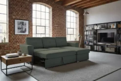 Ecksofa mit Schlaffunktion APARTMENT beidseitig aufbaubar grün Strukturstoff inkl. Stauraum
