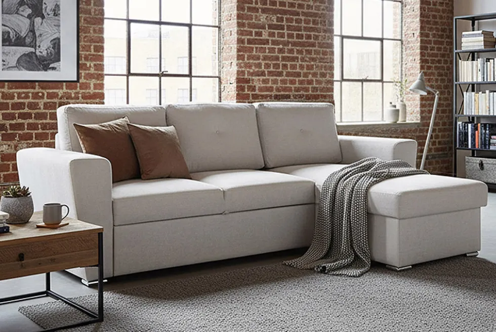 Ecksofa mit Schlaffunktion APARTMENT beidseitig aufbaubar beige Strukturstoff inkl. Stauraum