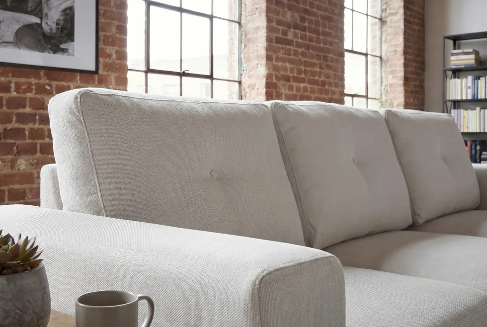 Ecksofa mit Schlaffunktion APARTMENT beidseitig aufbaubar beige Strukturstoff inkl. Stauraum