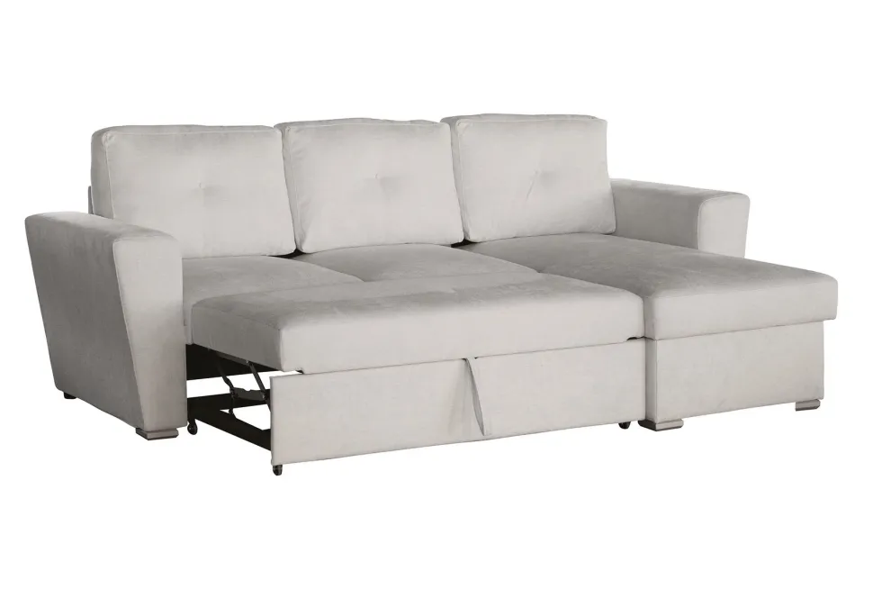 Ecksofa mit Schlaffunktion APARTMENT beidseitig aufbaubar beige Strukturstoff inkl. Stauraum