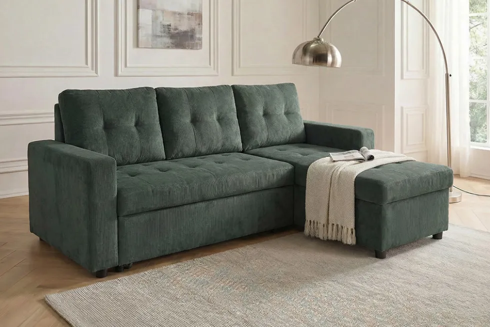 Ecksofa mit Schlaffunktion APARTMENT beidseitig aufbaubar grün Cord inkl. Stauraum