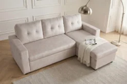 Ecksofa mit Schlaffunktion APARTMENT beidseitig aufbaubar champagner beige Samt inkl. Stauraum