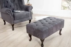 Edler Chesterfield Fußhocker antik grau Microfaser mit Knopfheftung und Nietenbesatz