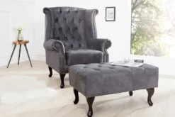 Edler Chesterfield Fußhocker antik grau Microfaser mit Knopfheftung und Nietenbesatz