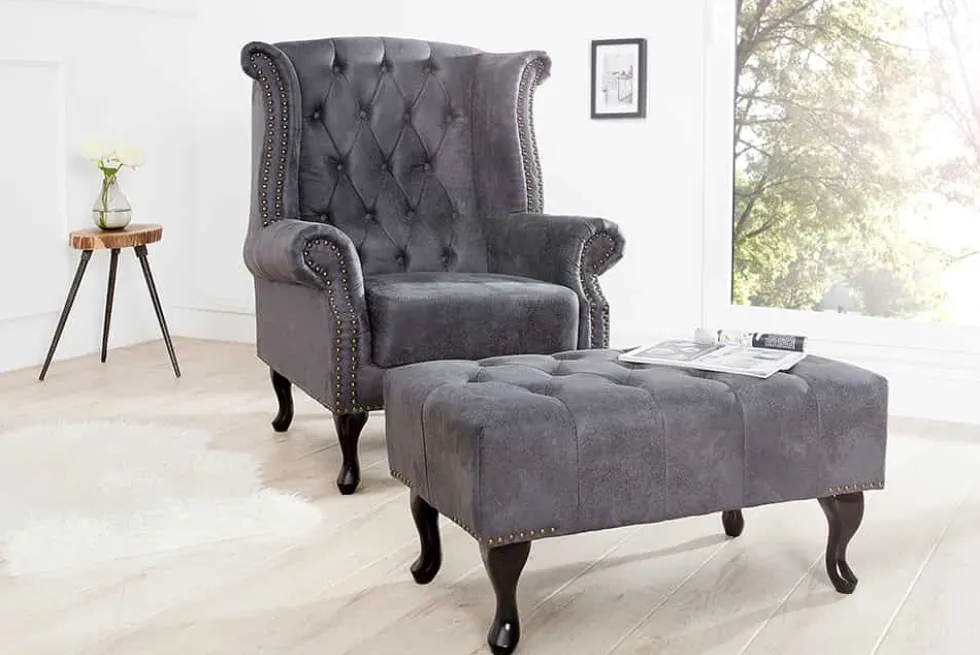 Edler Chesterfield Fußhocker antik grau Microfaser mit Knopfheftung und Nietenbesatz