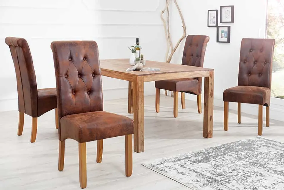 Edler Stuhl CASA whisky braun vintage mit Zierknöpfen Massivholzbeine