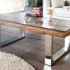 Eindrucksvoller Couchtisch BARRACUDA 110cm antik Teakholz mit Kufengestell und Glas
