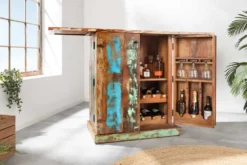 Einzigartiger Barschrank JAKARTA 100cm natur bunt recyceltes Massivholz aus Fischerbooten