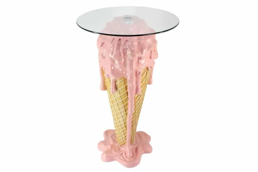 Einzigartiger Bartisch ICE CREAM 105cm beige rosa runde Tischplatte Glas handmade