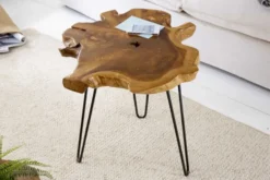 Einzigartiger Beistelltisch WILD 50cm Teak Massivholz Baumscheibe Metallbeine schwarz