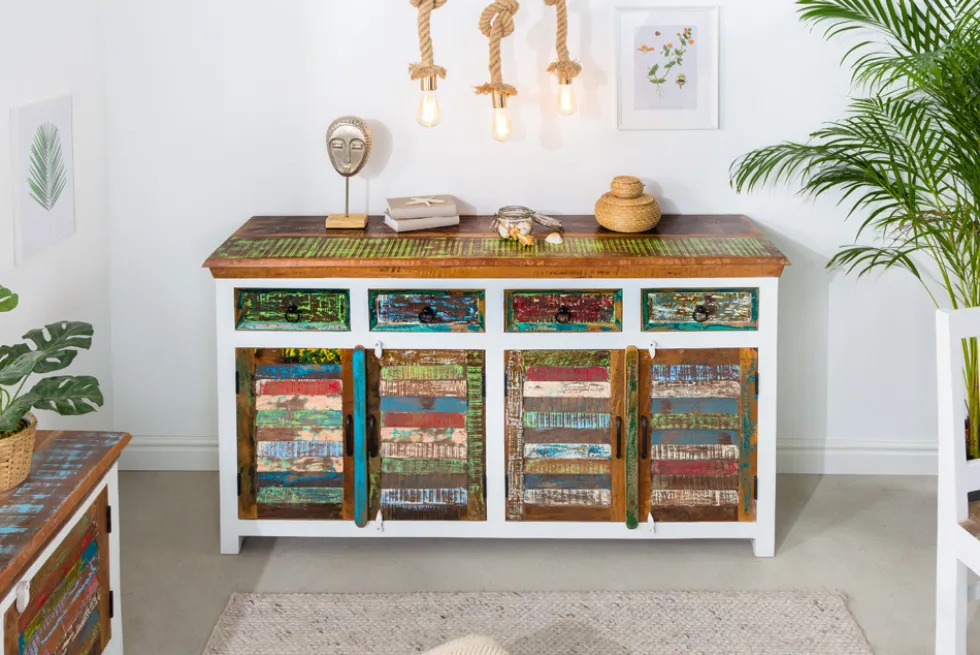 Einzigartiges Sideboard JAKARTA 160cm weiß bunt recyceltes Massivholz aus Fischerbooten