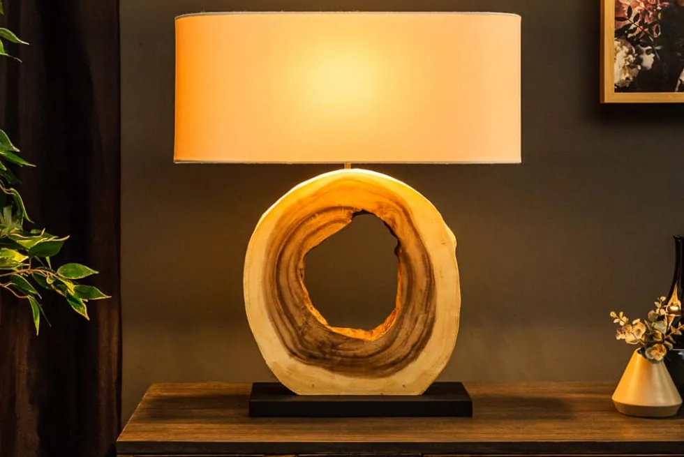 Einzigartige Tischlampe ORGANIC ARTWORK 65cm natur creme weiß Regenbaum mit Leinenschirm