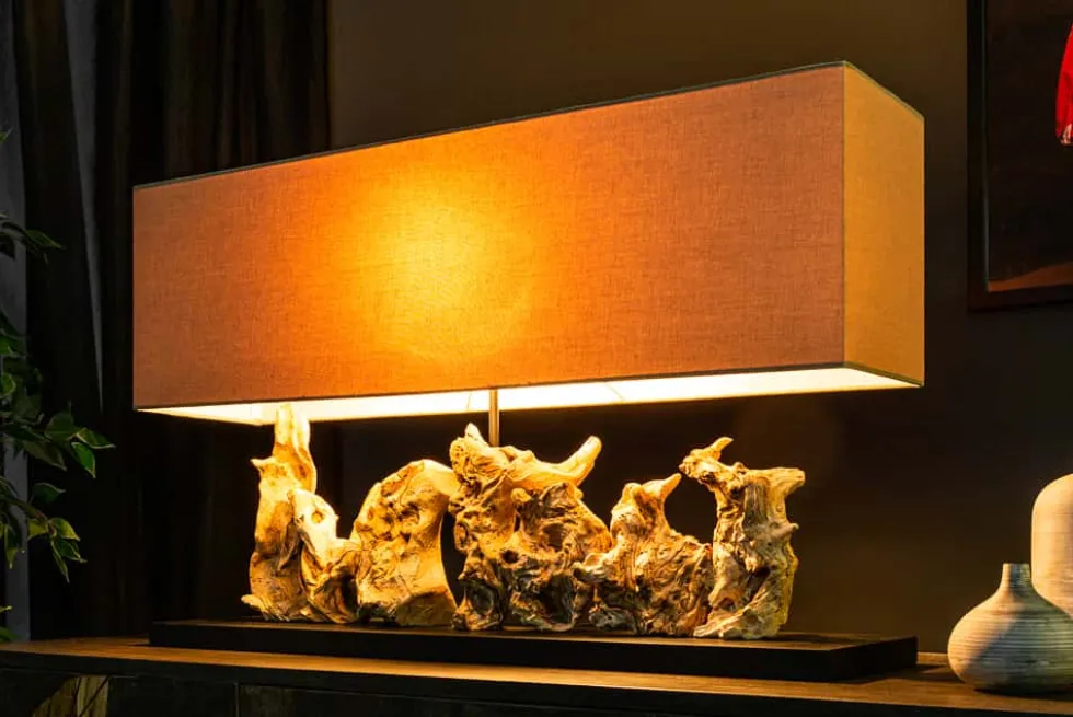 Einzigartige Treibholz Tischlampe PURE UNIQUE 80cm beige mit Leinenschirm