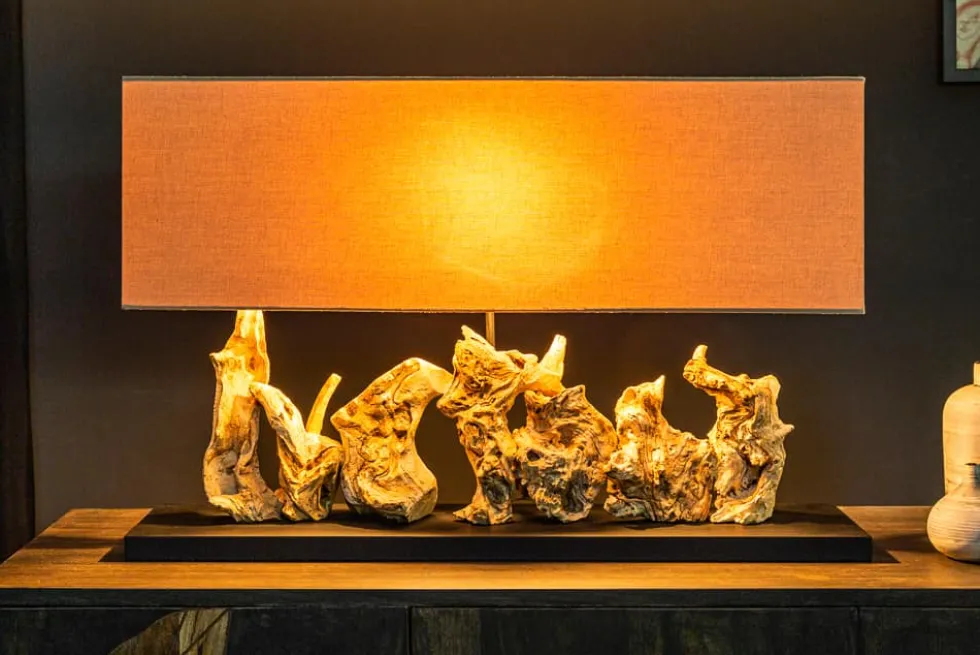 Einzigartige Treibholz Tischlampe PURE UNIQUE 80cm beige mit Leinenschirm